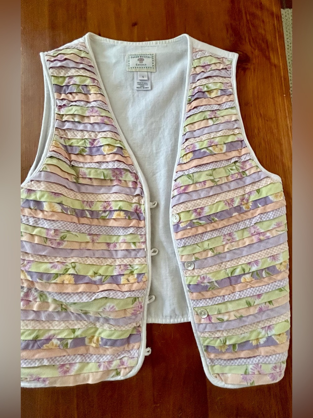 Vintage Susan Bristol  small Pastel Striped Floral Quilted Vest 80s-90s Buttons
